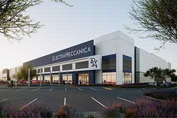 A high bay industrial building used by an electric motor vehicle manufacturing and assembly company, ElectraMeccanica, to assemble the Solo, a three-wheel, one-seat vehicle