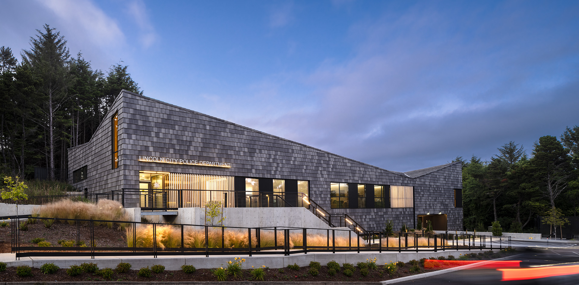 Cross-laminated timber building on the Oregon coast housing the Lincoln City Police Department.