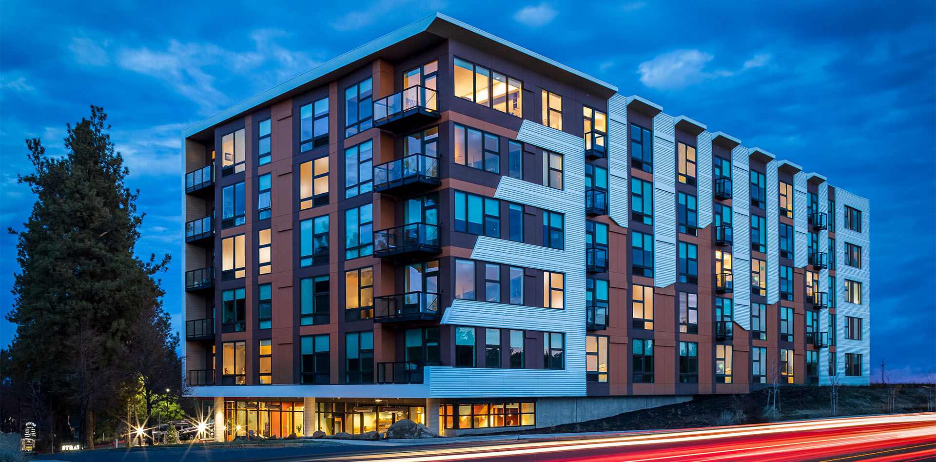 EXTERIOR apartment building, dusk